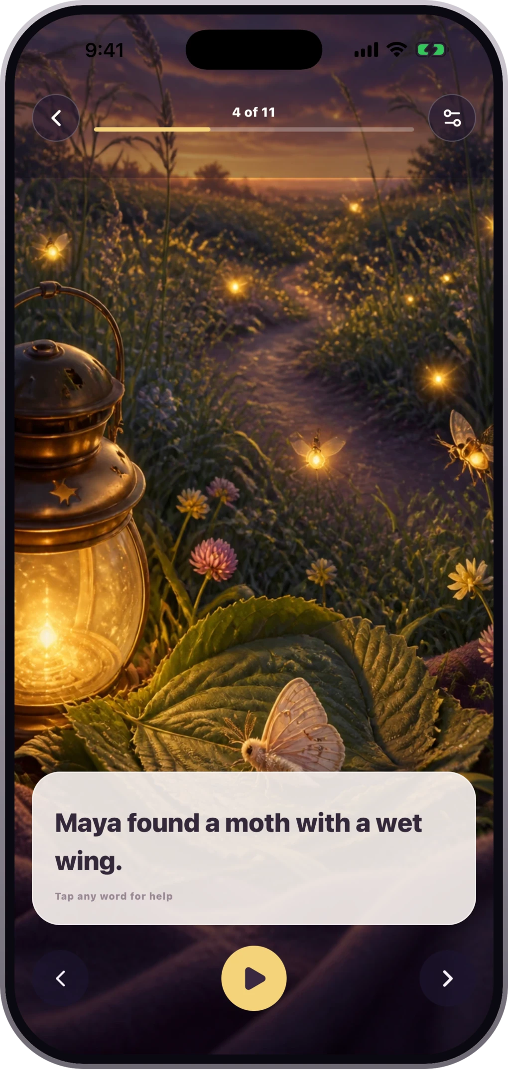 The Taleglow Reading story screen, showing a lantern-lit meadow with the sentence “Maya found a moth with a wet wing.” and a prompt to tap any word for help.