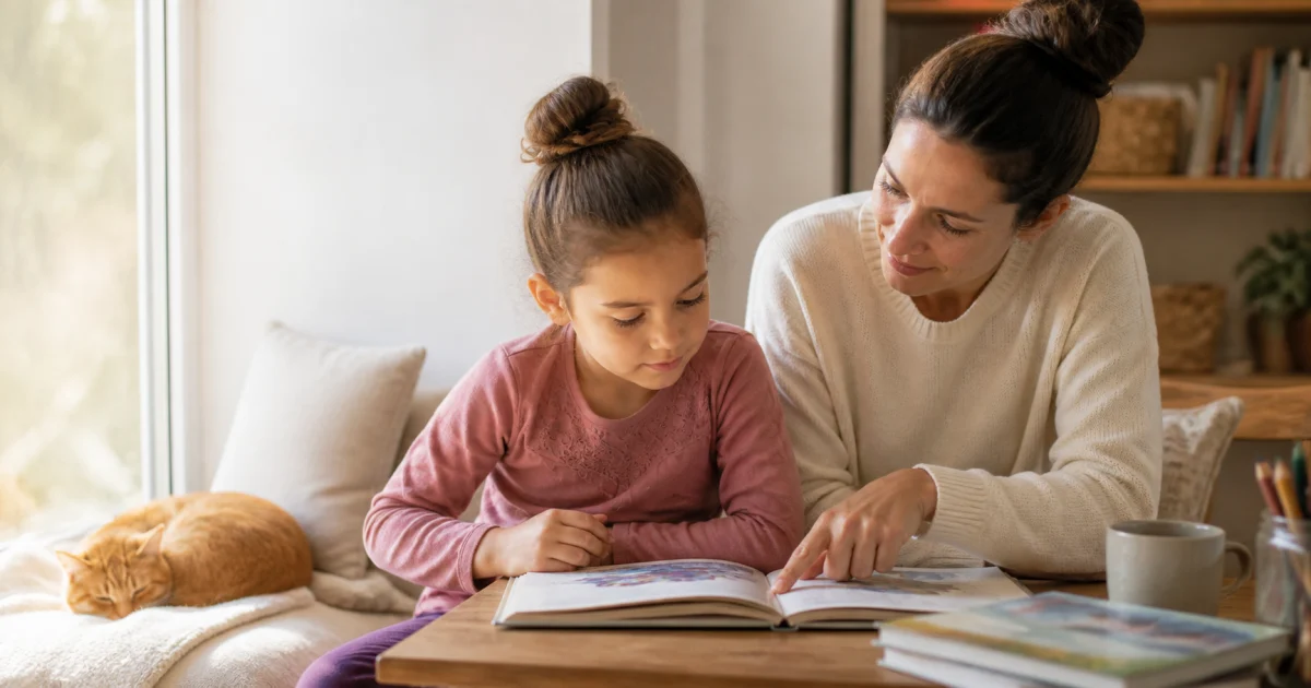 A parent calmly helping a child look closely at a word in a picture book while an orange cat sleeps nearby